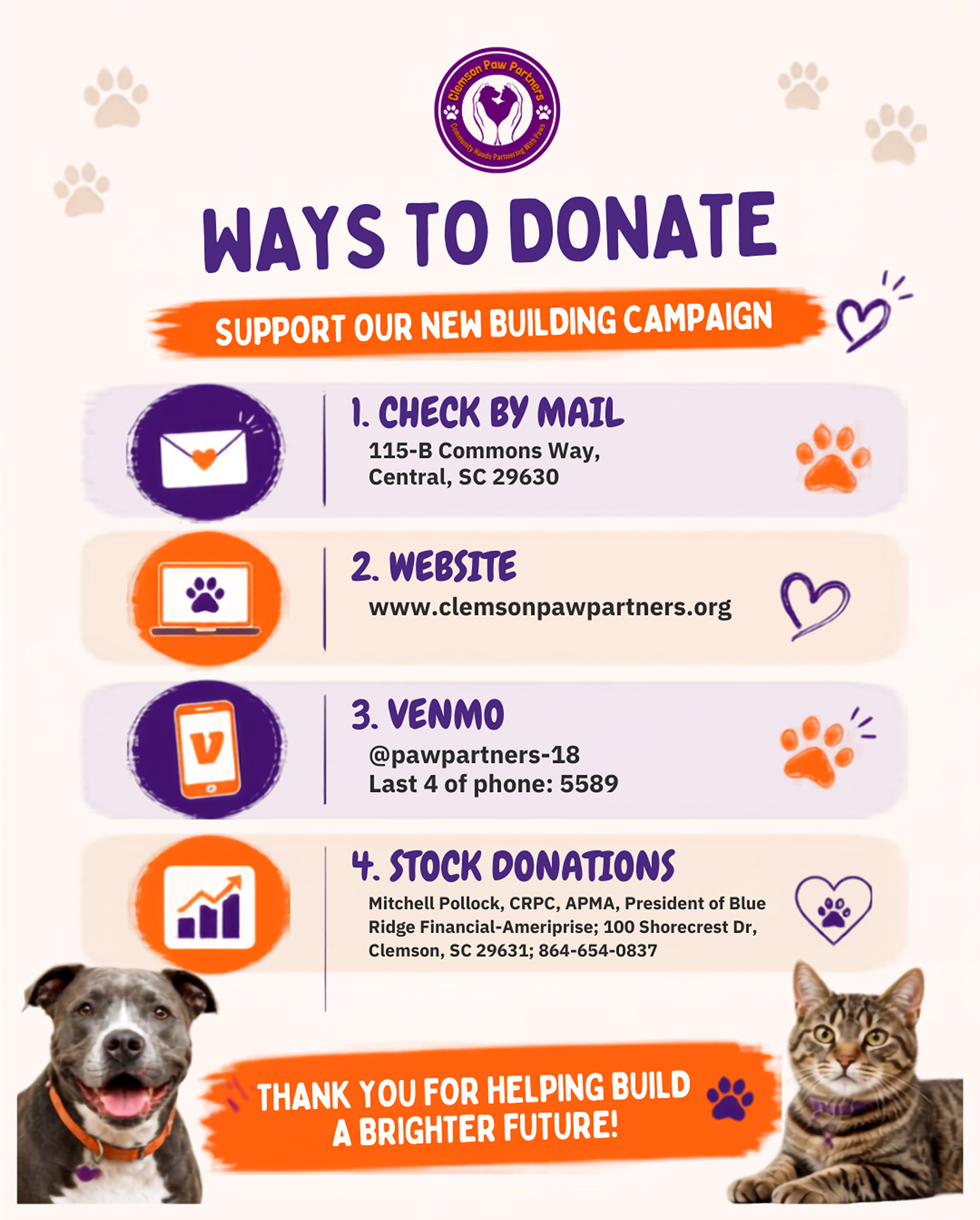 waysToDonate Ways to Donate to Clemson Paw Partners